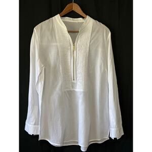 Michael Kors Tuxedo Pleated Tunic Top L White Lagenlook Classic Old Money Preppy